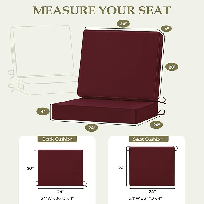Wellsin Outdoor Deep Seat Patio Cushions, 24 x 24 Waterproof & 3-Year Fade Resistant Outdoor Cushions with Removable Covers,Ties and Handle for Chair, Sofa, Couch, Burgundy