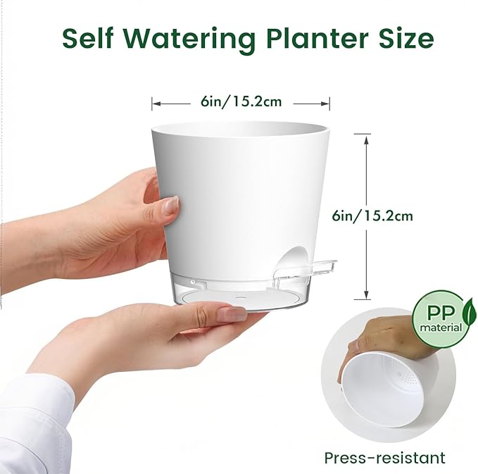 Meowell 6 inch Self Watering Pots for Indoor Outdoor Plants, 6 Pack Flower Plant Pots with Drainage Holes and Clear Reservoirs, Visible Water Level, Plastic Planters with Wicking Rope, White