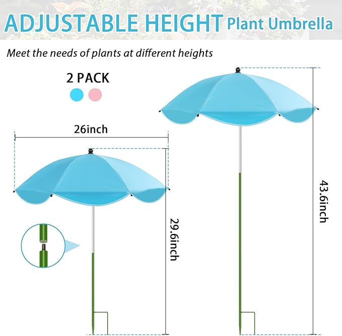 MJZ 2 Pack Large Plant Umbrellas for Outdoor Plants, 26" Garden Umbrella for Plants with Adjustable Angle, Plant Umbrella Provide Shade for Outdoor Plants Flower Pot Planting Beds (Pink, Blue)
