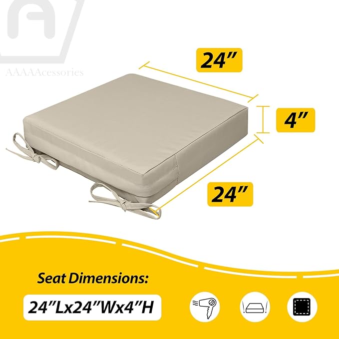 AAAAAcessories Outdoor Seat Cushions for Chairs, Waterproof, Fade-Resistant, 24" x 24" x 4", Patio Furniture Replacement Cushions, Set of 2, Beige