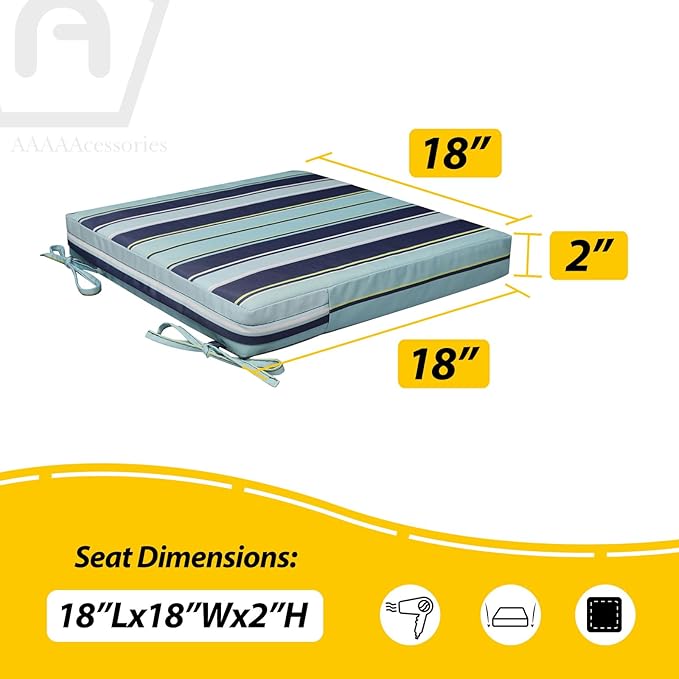AAAAAcessories Outdoor Seat Cushions for Chairs, Waterproof, Fade-Resistant, 18" x 18" x 2", Patio Furniture Replacement Cushions, Set of 2, Ash Teal Seaside Stripe