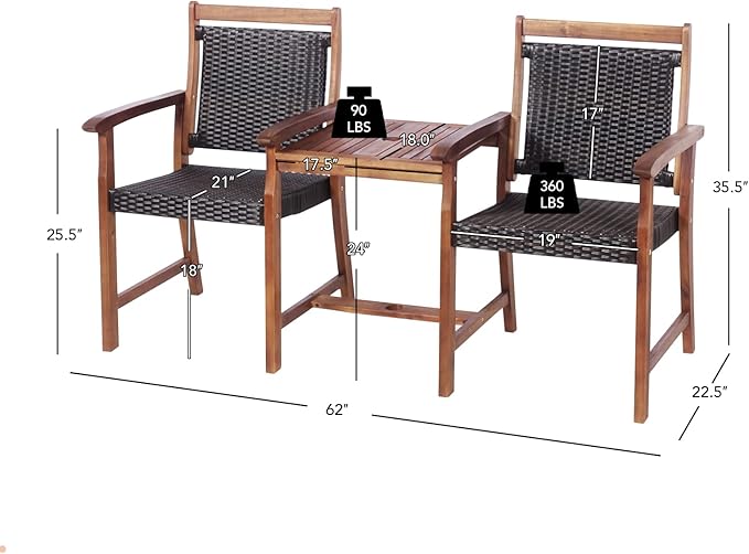 Tangkula Acacia Wood Garden Bench, Patiojoy Rattan Companion Loveseat Chair with Coffee Table and Parasol Hole, 2-Seater Outdoor Conversation Furniture Set for Backyard, Poolside, Balcony (Brown)