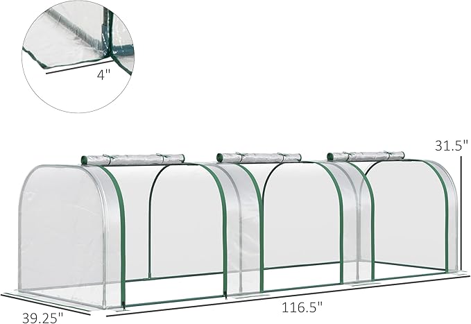 Season Extender Mini Greenhouse 10' x 3' Tunnel, with Roll-Up Zippered Doors & Clear UV Cover on Steel Frame, for Early Start and Late Harvest Gardening