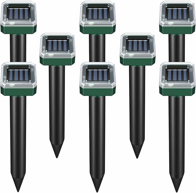 Mole Repellent Solar Powered, Waterproof Vole Chipmunk Repellent Outdoor,Ultrasonic Gopher Repellent for Lawn Garden, Mole Deterrent,Groundhog Repeller, Snake (8 Packs)