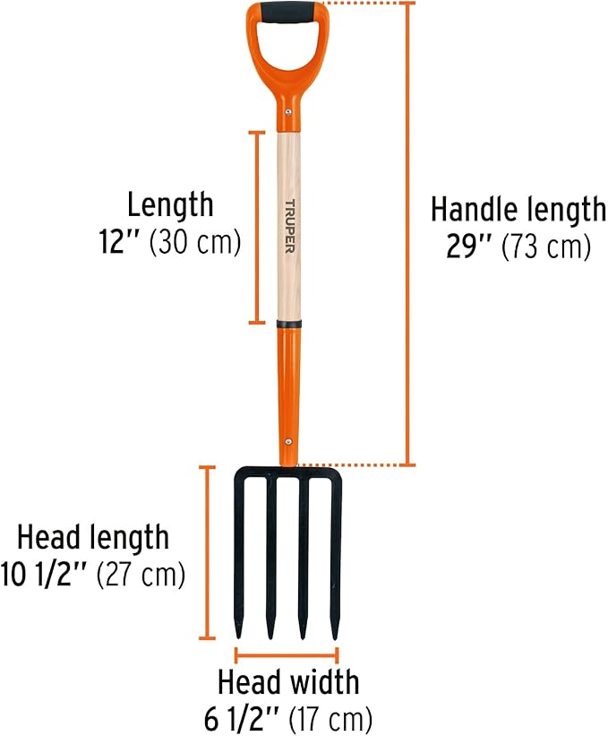 Truper Garden Fork, 4 Tines, 29-Inch Ash Wood Handle with Comfort Grip Y Handle, Forged One-Piece Steel Head (Model BJ-4P / 11018)
