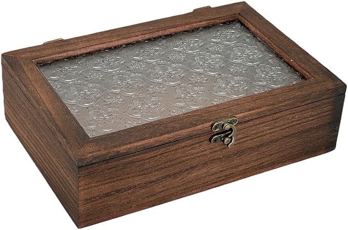 Decorative Box, Vintage Wooden Storage Box with Glass Lid, Keepsake Box, Decorative Storage Box for Photo, Memory, Jewelry, Trinket, Christmas Gift and Home Decoration (Medium)