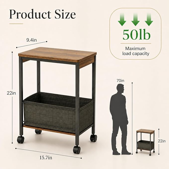 Rustic Brown Rolling Side Table with Storage Basket, Narrow End Table on Wheels for Small Spaces, 15.75" D x 9.84" W x 22.05" H Sofa Side Table with Fabric Bin for Living Room and Bedroom