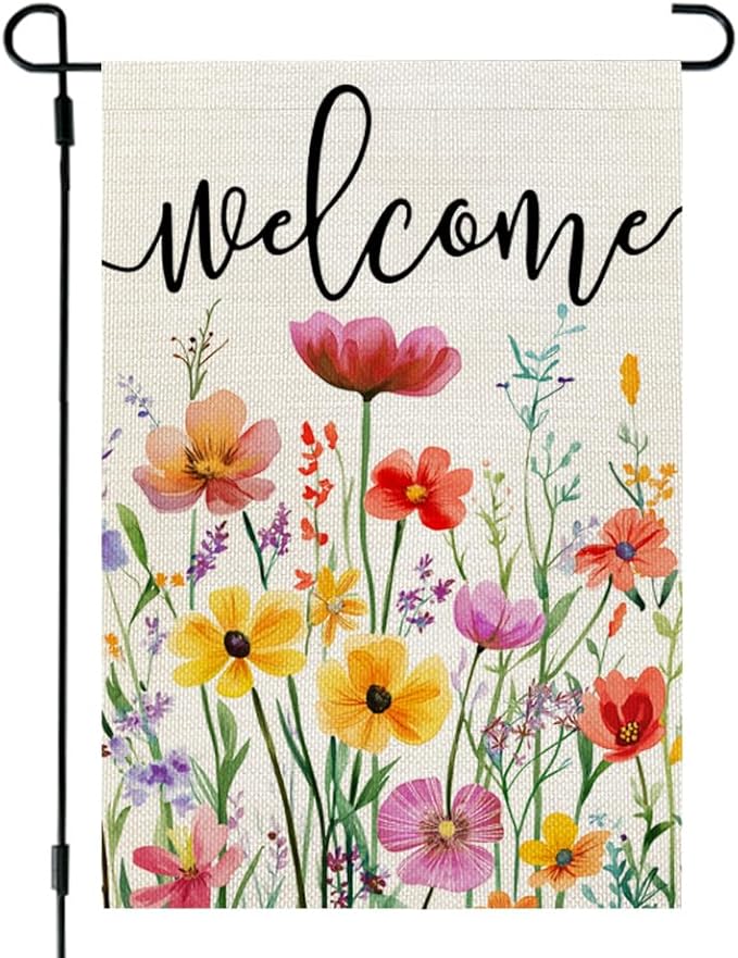 CROWNED BEAUTY Spring Garden Flag Wildflowers Floral Double Sided 12x18 Inches Small Burlap Welcome Holiday Seasonal Yard Decoration for Outside Porch CF1761-12