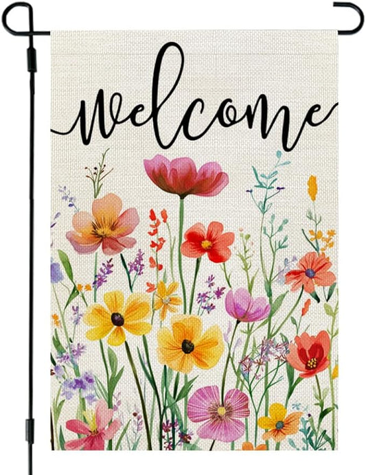 CROWNED BEAUTY Spring Garden Flag Wildflowers Floral Double Sided 12x18 Inches Small Burlap Welcome Holiday Seasonal Yard Decoration for Outside Porch CF1761-12