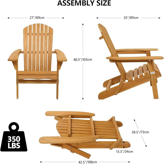 VINGLI Folding Adirondack Chairs Wood Lawn Chair Wooden Lounger 350 LBs Support Fire Pit Seating Natural Finished Weather Resistant Indoor Outdoor Furniture