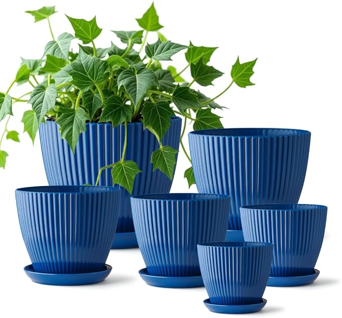 RooTrimmer 7.5/6.5/5.5/4.9/4.2/3.5 Inch Plant Pots with Saucers & Drain Holes - Indoor/Outdoor Flower Pots for Succulents, Herbs, Cactus - Modern Lightweight Durable Planter Set, Blue