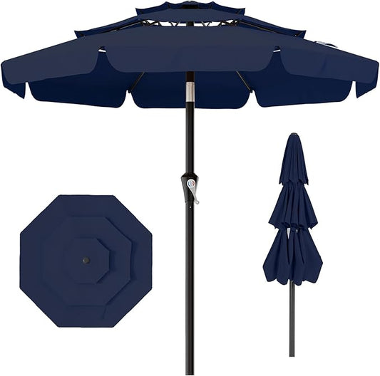AreShark 10FT 3-Tiers Patio Umbrella with Valance, Outdoor Umbrellas with Crank/Tilt, Table Market Umbrella Vented w/ 8 Sturdy Ribs for Garden, Deck, Backyard, and Pool, Navy