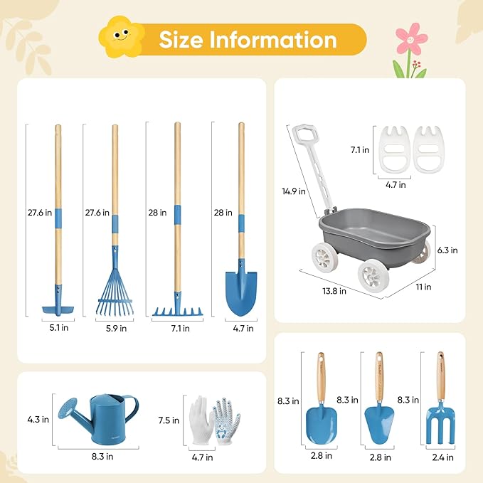 Grenebo Kids Gardening Set with Wheelbarrow, 11-Piece Outdoor Yard, Beach, STEM Garden Play Kit with Child-Sized Tools, Durable, Safe & Fun Gift Toy for Ages 2+ Kids Toddlers Boys Girls (Gray)