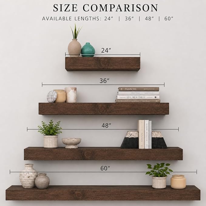Urbandi Modern Floating Shelves 3 Inches Thick for Wall, Wide Shelves for Kitchen, Living Room, Bedroom, and Bathroom, Natural Pine Wood, Rustic Wooden Shelf, (Set of 2) (Provincial, 36Lx3Hx8D)