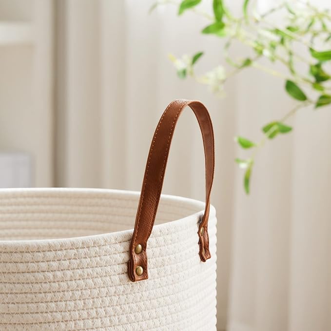 VIPOSCO 72L Tall Woven Rope Laundry Hamper, Leather Handles, White & Brown | Large Wicker Laundry Basket for Dirty Clothes, Blanket, Toy, Towel, Yoga Mat, Storage Bin in Bedroom, Bathroom, Living Room