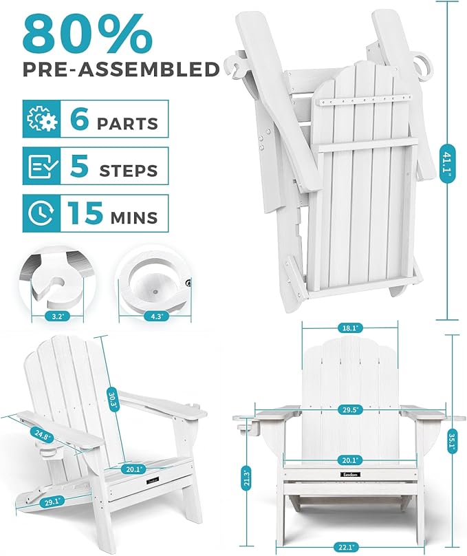 Folding Adirondack Chair, HDPE Adirondack Chair with 2 Cup Holders, Pre-Assembled Outdoor Fire Pit Chairs for Patio, Garden, Poolside, White