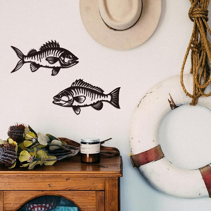 WADORN Metal Fish Wall Art Decor, Fishing Metal Wall Art Hanging Decor Signs Fishing Living Wall Sculpture Statues Decor for Home Living Room Bedroom Bathroom Cabin, 7.8x14.9Inch