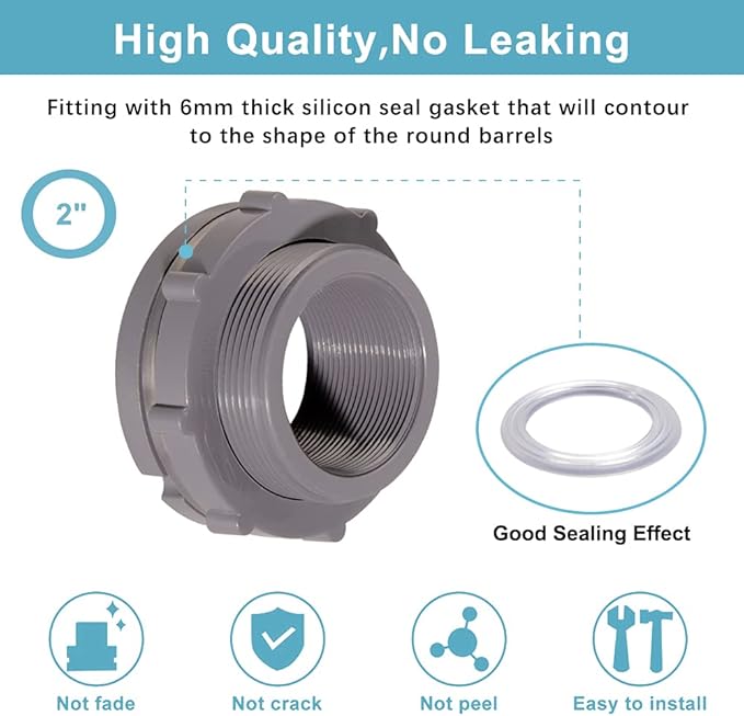 Ququyi 2 Inch PVC Bulkhead Water Tank Connector Adapter Fitting with Plugs Thru-Bulk Pipe Fitting for Rain Barrels, Aquariums, Ponds(Set of 1)