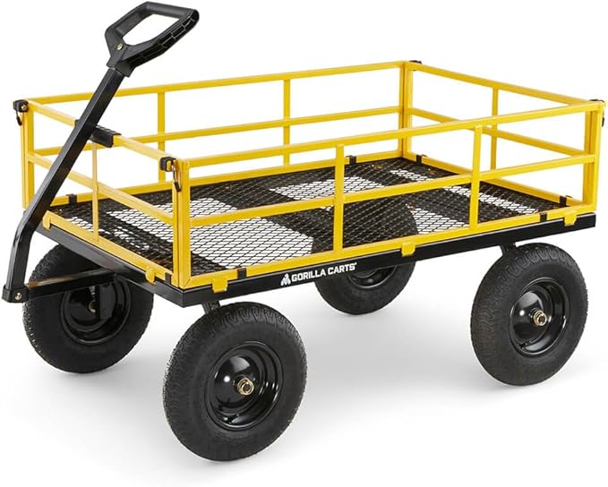 Gorilla Carts 1,400 lb Steel Utility Garden Cart, Heavy Duty 4-Wheel Yard Cart with Convertible 2-in-1 Handle & Removable Sides, 12 cu ft, Black/Yellow