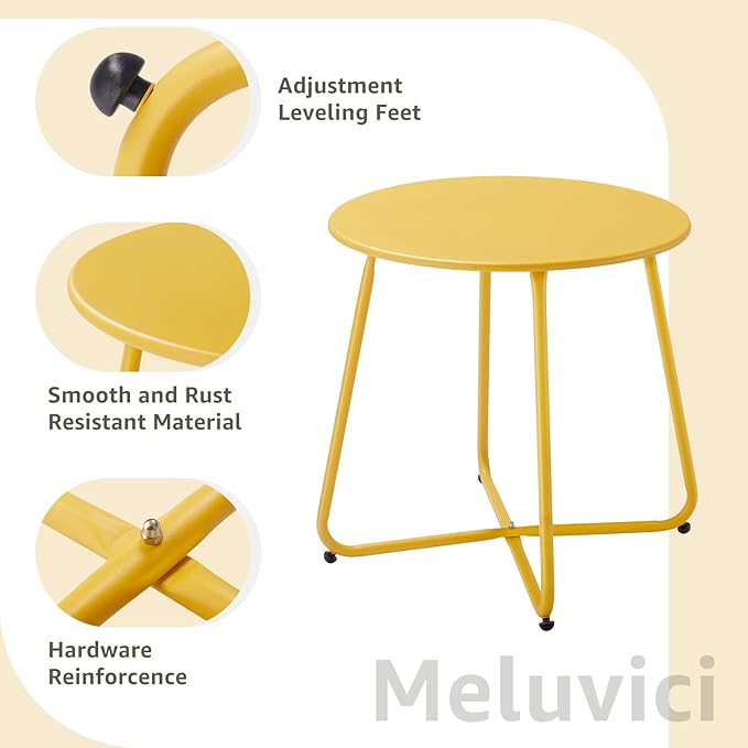 Meluvici Patio Small Outdoor Side Table Waterproof Round Metal Steel Side Table Weather Resistant Portable Outdoor and Indoor End Table for Garden Balcony Yard, Yellow