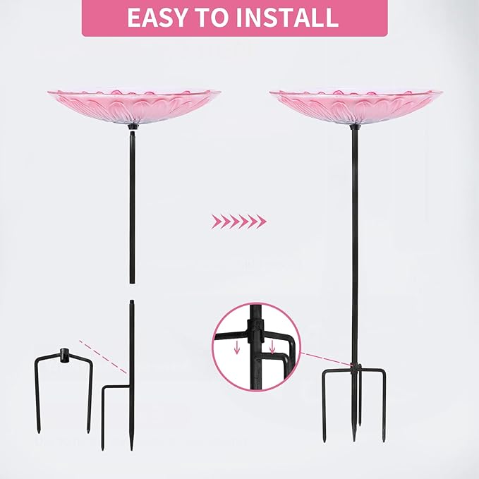 MUMTOP Glass Bird Bath, Garden Outdoor Birdbaths Birdfeeder with Metal Stake Pink Flower