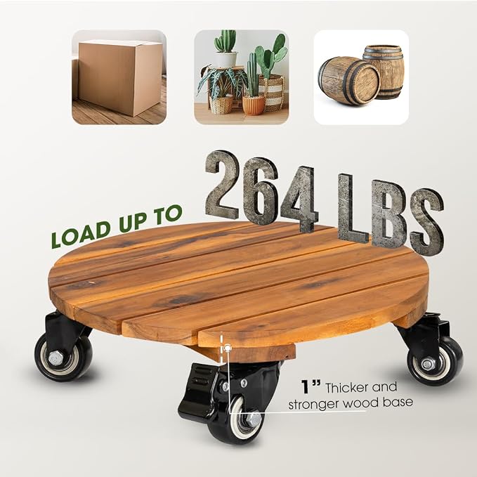 2pack 12inches Wood Plant Caddy with Wheels Heavy Duty, 264 Lbs Capacity, Acacia Hardwood Plant Dolly, Plant Stand with 360° Lockable Wheels for Plant Pots, Heavy Objects Hauling - Natural Wood