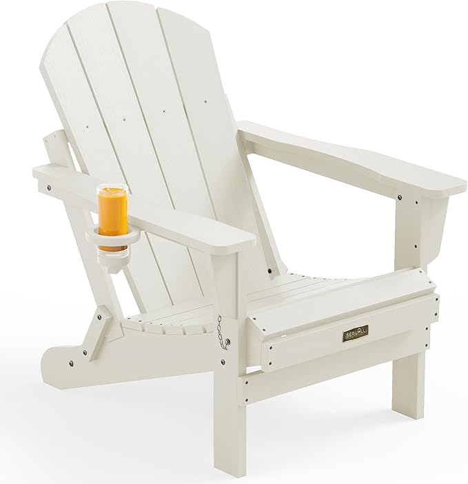 SERWALL Folding Adirondack Chair with Cup Holder, HIPS Adirondack Chairs Outdoor Chairs Weather Resistant Fire Pit Chairs- White