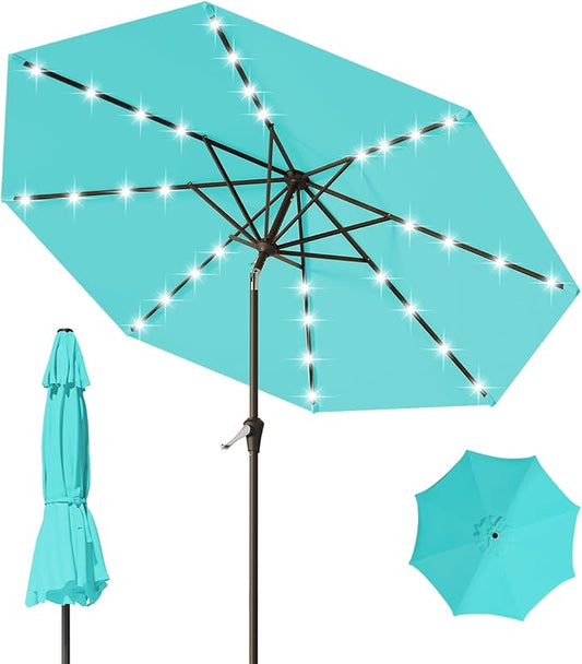 9FT Patio Umbrella with Solar Lights,Outdoor Market Umbrella with Tilt and Crank, LED Lighted Table Umbrella for Garden,Deck,Backyard,Pool,Beach