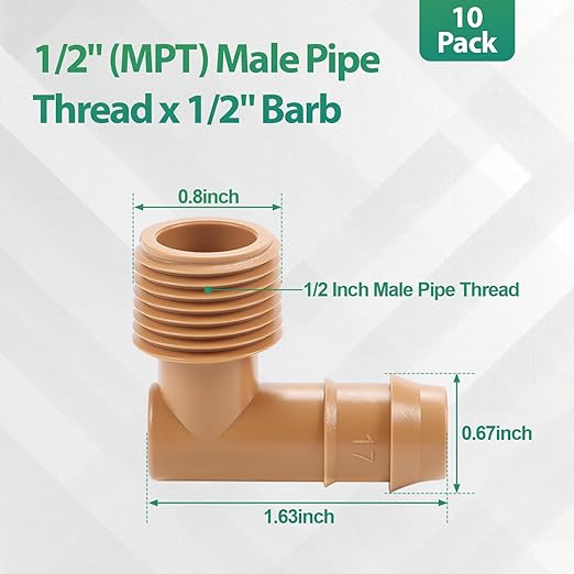 RedChili 1/2 Inch Drip Irrigation Fitting To 1/2 Inch Male Hose Threaded Adapter, 10 Pack PVC To Drip Irrigation Elbow Adapter With 1/2" Male Pipe Thread(MPT) x 1/2" Barbed Connectors