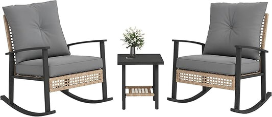 Outsunny 3 Pieces Rocking Wicker Outdoor Bistro Set, Rattan Patio Furniture Set with Coffee Table and Porch Chairs, Button Tufted Cushions for Backyard, Balcony, Garden, Gray
