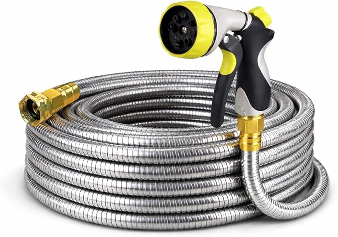 Metal Garden Hose 25 ft – 304 Stainless Steel Water Hose with Nozzle Sprayer, Garden Hoses Flexible, Lightweight, No Kink, Heavy Duty for Outdoor (25 ft)