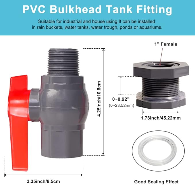 Ququyi 1 Inch PVC Rain Barrel Valve Spigot Kit with Ball Valve and Bulkhead Fitting Adapter for Water Tanks, Aquariums, Pools