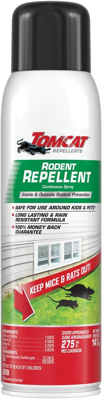 Tomcat Repellents Rodent Repellent Continuous Spray, 14 oz. | Indoor and Outdoor Mouse and Rat Deterrent, No-Stink Cinnamon, Peppermint and Garlic Essential Oil Formula