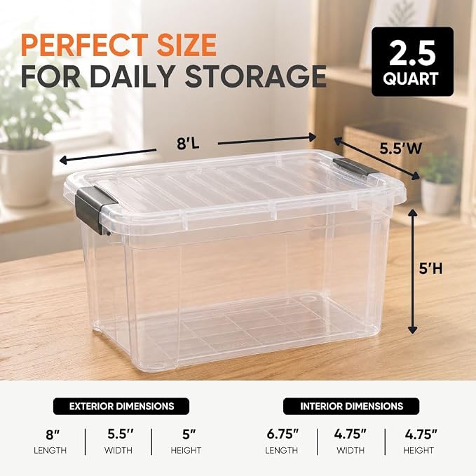 Superio 2.5 Quart Clear Plastic Storage Boxes with Lids, Stackable Organizer Containers, BPA-Free Storage Bins for Home, Office, School & Dorm, 12 Pack