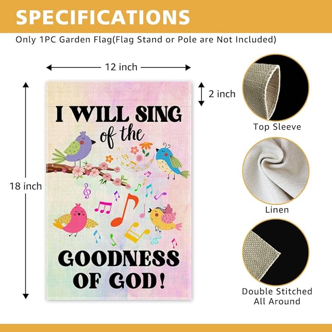 I Will Sing Of The Goodness Of God Garden Flag, Spring Christian Garden Flags for Outside, Catholic Christian Yard Signs, Religious Prayer Banner Outdoor Lawn Porch Farmhouse Decor for Family