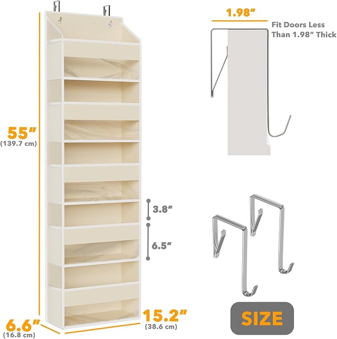 SpaceAid 2 Pack Over The Door Organizer with 5 Large Pockets and 10 Mesh Side Pockets, 5 Layers Door Organizer Hanging with Clear Window for Bedroom, Bathroom, Pantry and Nursery, Beige