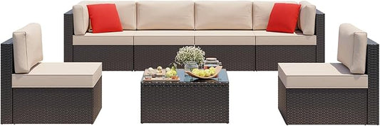 Vongrasig 7 Pieces Patio Furniture Sets, Outdoor Modular Sectional Sofa Patio Conversation Set PE Rattan Wicker Sectional Couch with Cushion, Glass Table for Patio, Garden, Poolside, Beige