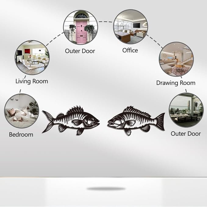 WADORN Metal Fish Wall Art Decor, Fishing Metal Wall Art Hanging Decor Signs Fishing Living Wall Sculpture Statues Decor for Home Living Room Bedroom Bathroom Cabin, 7.8x14.9Inch
