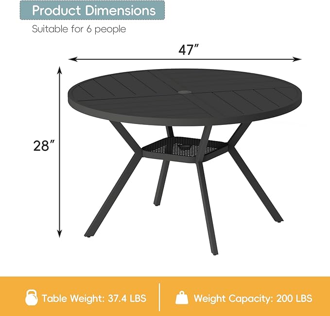 47" Outdoor Patio Table Dining Table, All Weather Metal Round Patio Table with Adjustable Umbrella Hole, Patio Furniture for Lawn Garden Backyard, Black