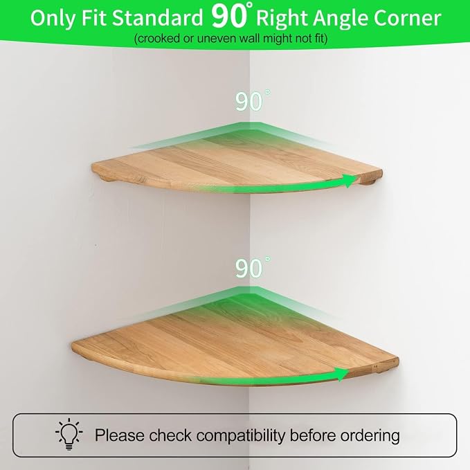 Corner Shelves, Floating Corner Shelf, Set of 2 7inch Solid Oak Wood Wall Shelves, Round End Wall Mount with Wire Hole Shelving for Small Plant for Bedroom Kitchen, Living Room