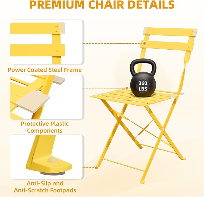 3-Piece Folding Bistro Set, 2 Chairs and 1 Coffee Table, Space Saving Weather-Resistant Frame, Portable Indoor/Outdoor Patio Furniture Conversation Set for Garden Porch Balcony Deck - Yellow