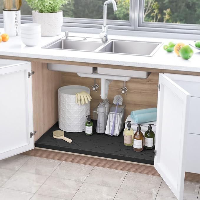 SIKADEER Waterproof Under Sink Mat 25" x 22" Silicone Mat Cabinet Protector | Heavy Duty Kitchen Cabinet Liner, Easy Press Drain, Home Essentials for Pet Feeding, Boots, Bathroom, Organizers & Storage