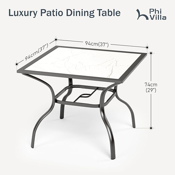 PHI VILLA 37" Patio Table for 4, Metal Dining Table with Carbon Crystal Tabletop, All Weather Wrought Iron Outdoor Furniture for Deck, Backyard, Porch