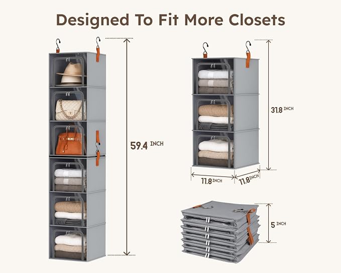 Homsorout 6-Tier Modular Hanging Closet Organizer Shelves, Grey