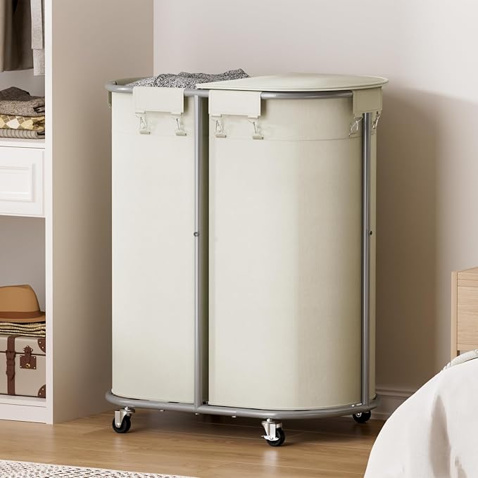 200L Double Laundry Hamper with Lid & Wheels, Oval Rolling Laundry Basket