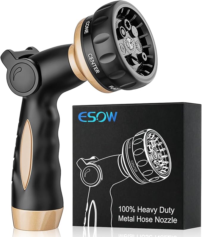 ESOW Garden Hose Nozzle 100% Heavy Duty, Metal Water Hose Nozzle with 7 Spray Patterns, Thumb Control All for Watering Plant & Lawn, Washing Car & Pet