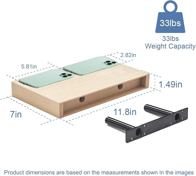 Oak Floating Shelves for Wall, 12 Inch Wooden Wall Shelf Set of 2 | Wood Floating Shelf Over Toilet, Wall Mounted, Easy Install, Easy-Clean, 33lbs Max Load, Bedroom Living Room Display Storage