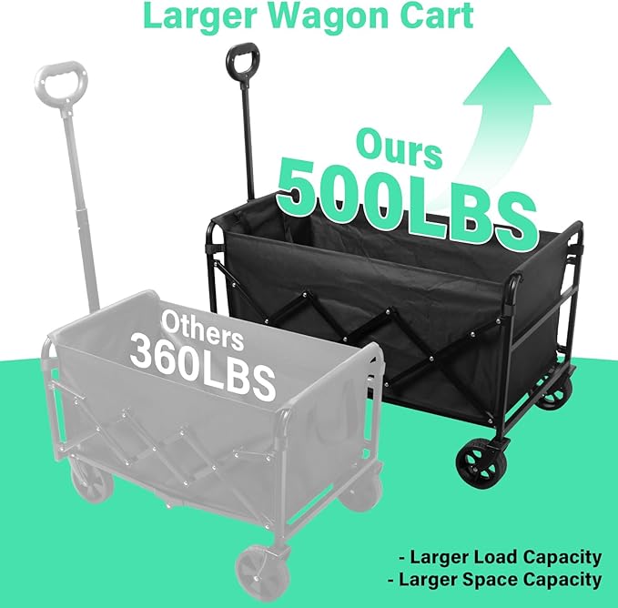 Folding Wagon Cart with All-Terrain Wheels – Heavy Duty Collapsible Utility Wagon for Grocery, Sports, Garden, Camping, Shopping (Black 500LBS)