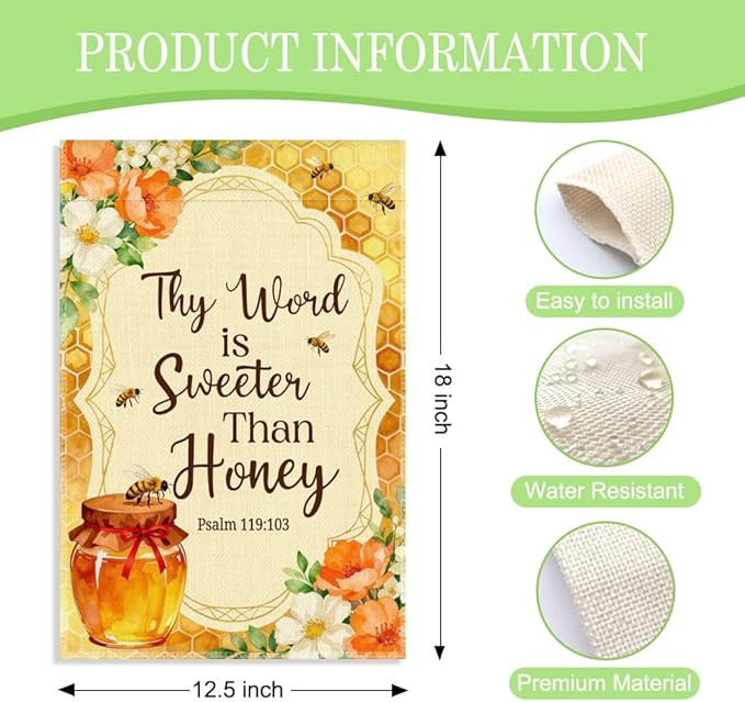 Thy Word is Sweeter Than Honey Psalm 119:103 Garden Flag, 12 x 18 Inch Double Sided Honey Bee Floral Outdoor Yard Decor, Religious Bible Verse Sign for Christian Friend Homeowner Beekeeper