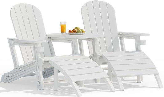 Vongrasig Adirondack Chairs Set of 2 with Removable Tabletop and Footrest, HDPE Plastic Outdoor Chair Set with Wooden Textured, Cup Holder for Patio, Poolside, Garden, White, 5 Pieces